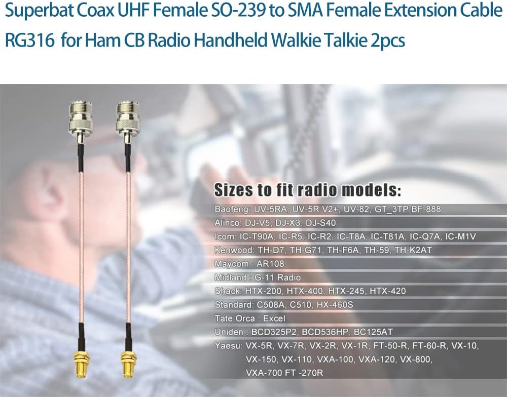 Superbat Coax UHF Female SO-239 to SMA Female Adapter Extension Cable RG316 12" for Baofeng CB Radio Handheld Walkie Talkie 2pcs