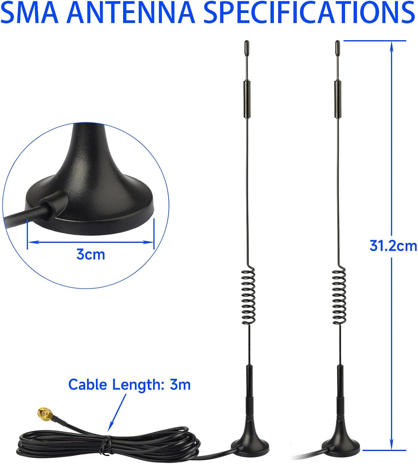 Superbat 4G LTE Antenna 7dBi Magnetic SMA Male Cellular Antenna 2-Pack for 4G LTE Wireless CPE Router Hotspot Cellular Gateway Industrial IoT Router Game Camera Security Camera