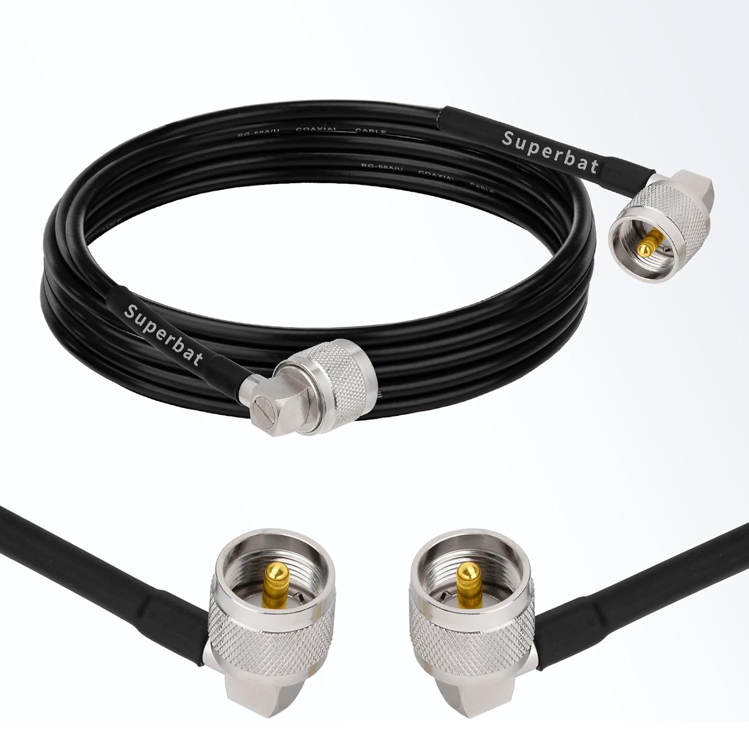 Superbat CB Coax Cable 6FT RG58 UHF PL-259 Male to Male Right Angle Coaxial Cable Low Loss 50 ohm Coax for CB Ham Radio, Antenna Analyzer, SWR Meter