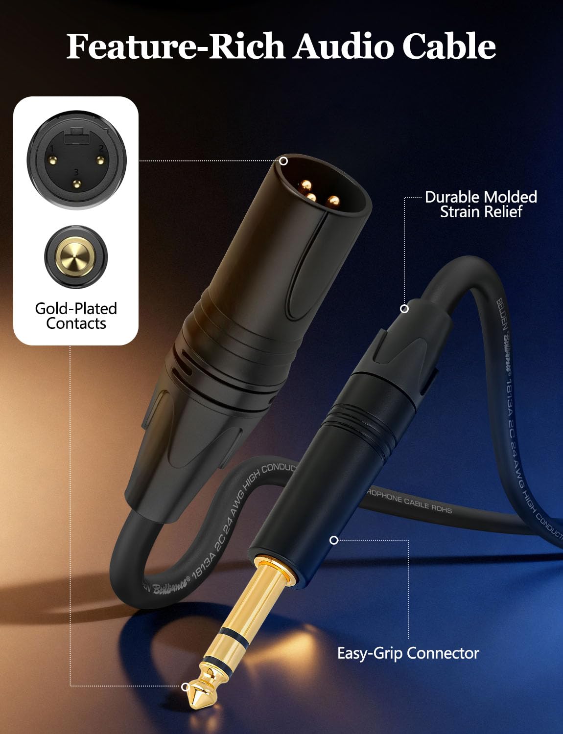 Superbat Balanced TRS to XLR Cable 2ft XLR Male to 1/4 TRS Male Stereo Audio Cable Belden 1813A Shielded for Bass Guitar, Microphone, Speaker,Noise-Free Pro Audio 2-Pack