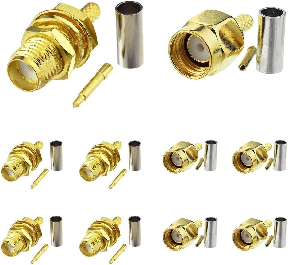SUPERBAT RPSMA Crimp Connectors Kit RP-SMA Male + RP-SMA Female Crimp Solder Connectors Attachment for RG174 RG316 RG188 RG188A LMR100 Coax Cable 10-Pack