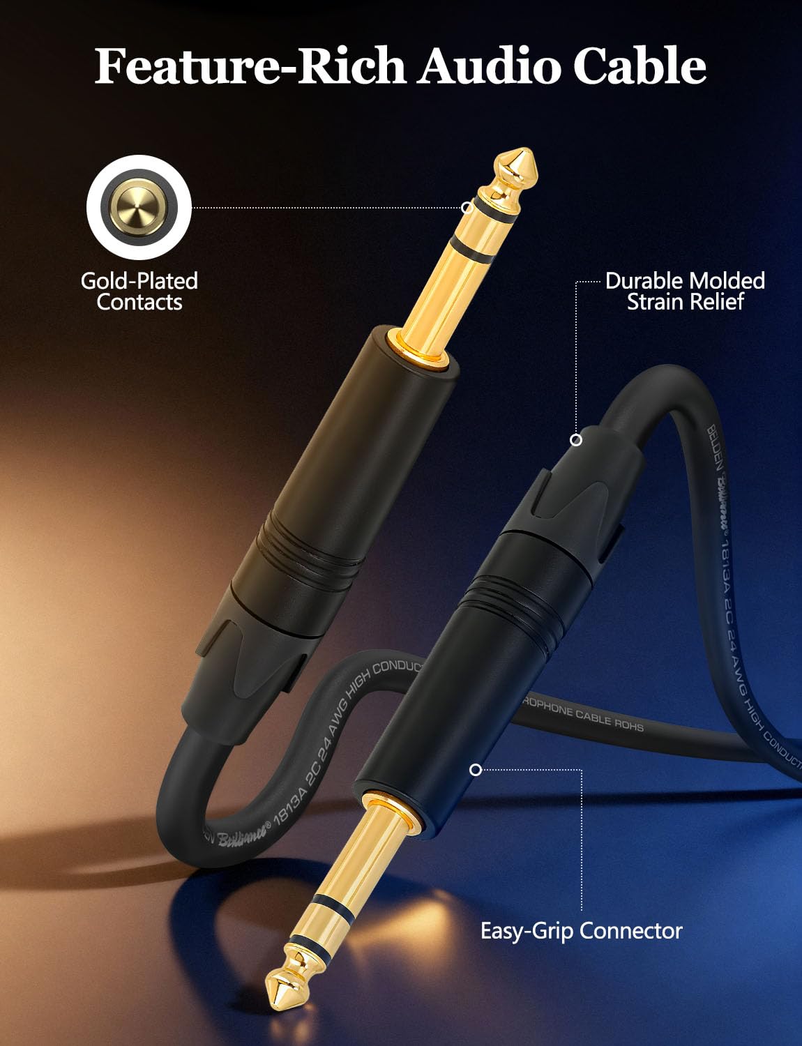 Superbat Premium 6.35mm TRS Balanced Stereo Audio Cable 2FT,24AWG Low Noise Dual Shielded with Gold Plated Connectors for Electric Guitar, Bass, Keyboard, Amp, Speaker 2-Pack