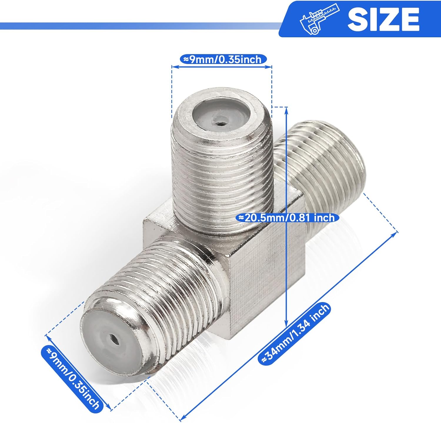 wlaniot F Type Splitter 3 Way F-Type Female to 2 Female Coaxial Connector Adapter T-Shape for TV Video VCR Antenna TV Cable Satellite Tuner Antenna 2pcs