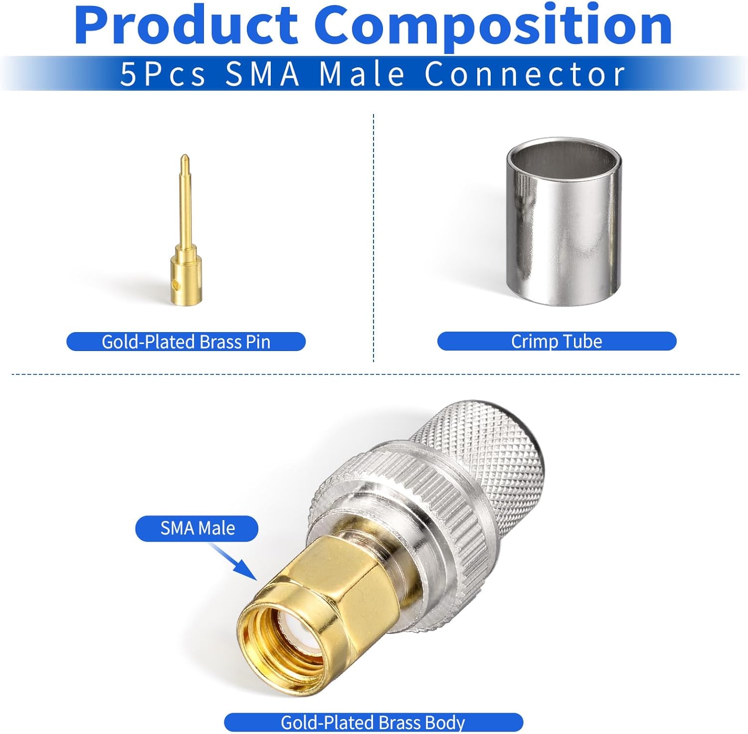 Superbat SMA Connectors Kit SMA Male Crimp Solder Connector Kit Attachment for LMR-400 RG8 RG8/U RG213 Belden-9913 SMA Extension Cable 5-Pack