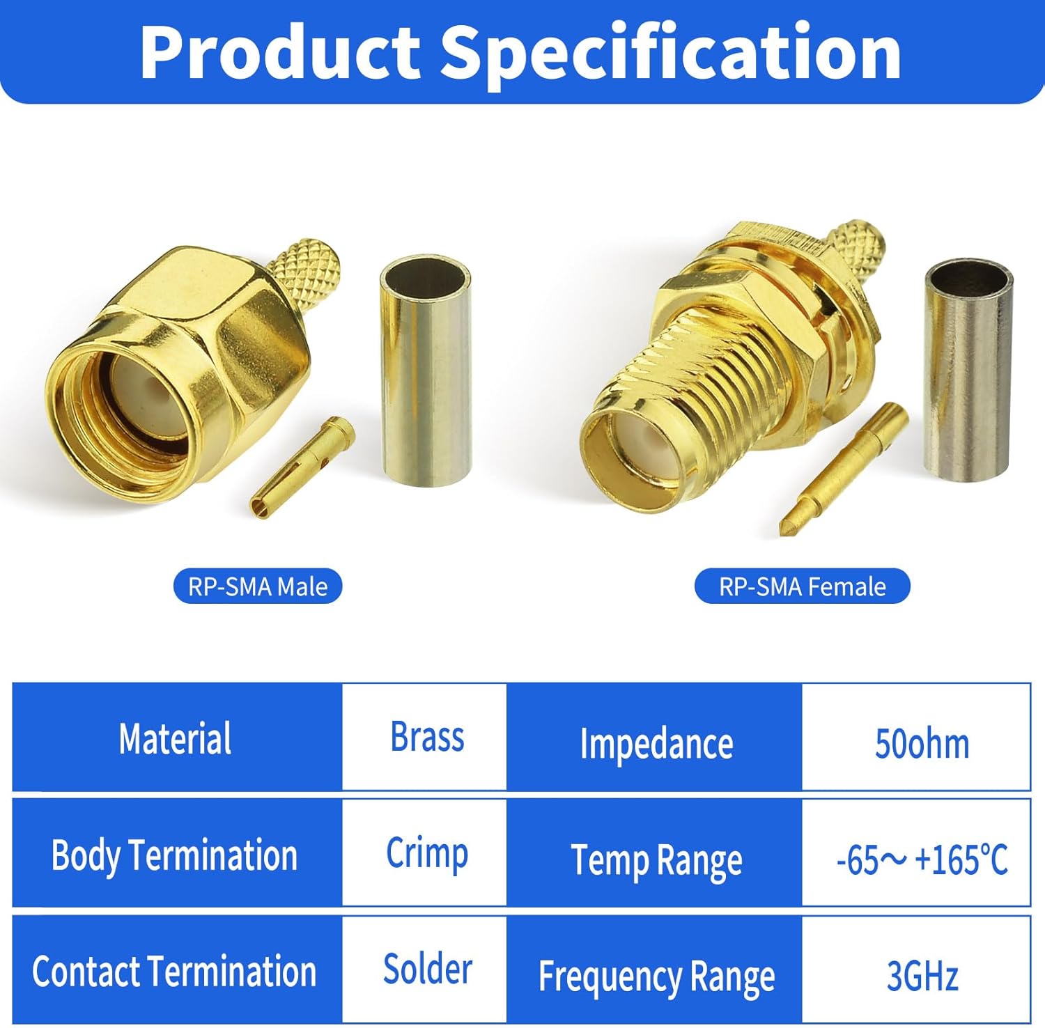 SUPERBAT RPSMA Crimp Connectors Kit RP-SMA Male + RP-SMA Female Crimp Solder Connectors Attachment for RG174 RG316 RG188 RG188A LMR100 Coax Cable 10-Pack