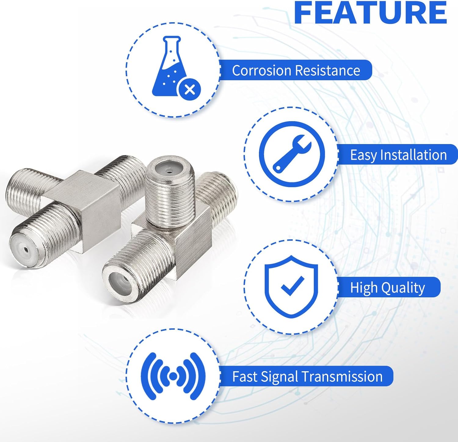 wlaniot F Type Splitter 3 Way F-Type Female to 2 Female Coaxial Connector Adapter T-Shape for TV Video VCR Antenna TV Cable Satellite Tuner Antenna 2pcs