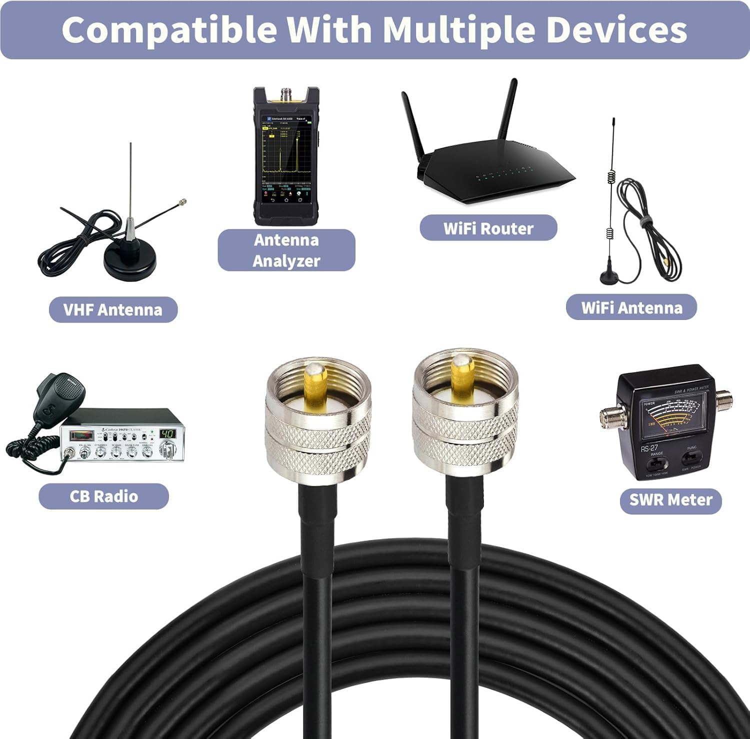 SUPERBAT High-Power CB Coax Cable UHF Male PL-259 to PL-259 UHF Jumper 3ft KSR240 Cable for HAM Radio CB Radio Antenna Analyzer Dummy Load SWR Meter