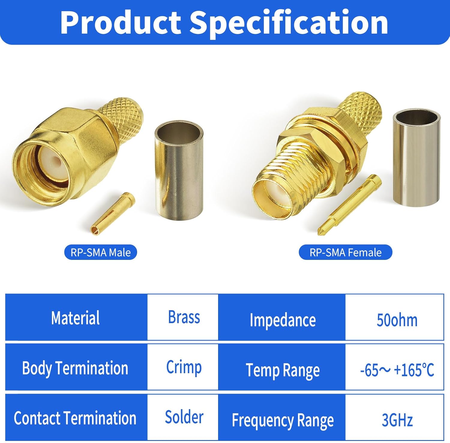 SUPERBAT RPSMA Crimp Connectors Kit RP-SMA Male + RP-SMA Female Crimp Solder Connectors Kit RG58 RG303 RG141 RG142 RG400 LMR195 Low Loss Coax Cable 10-Pack