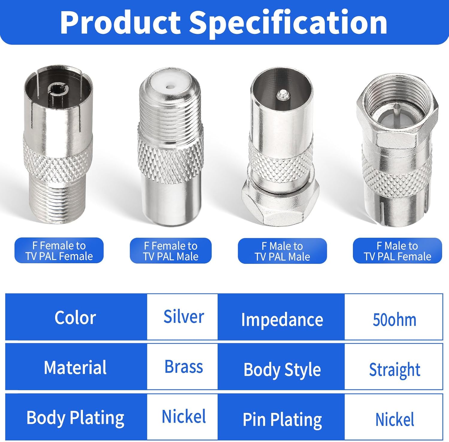 Superbat F Female/Male to TV Pal Male/Female RF Coaxial Adapter Connectors Kit 4 Pcs