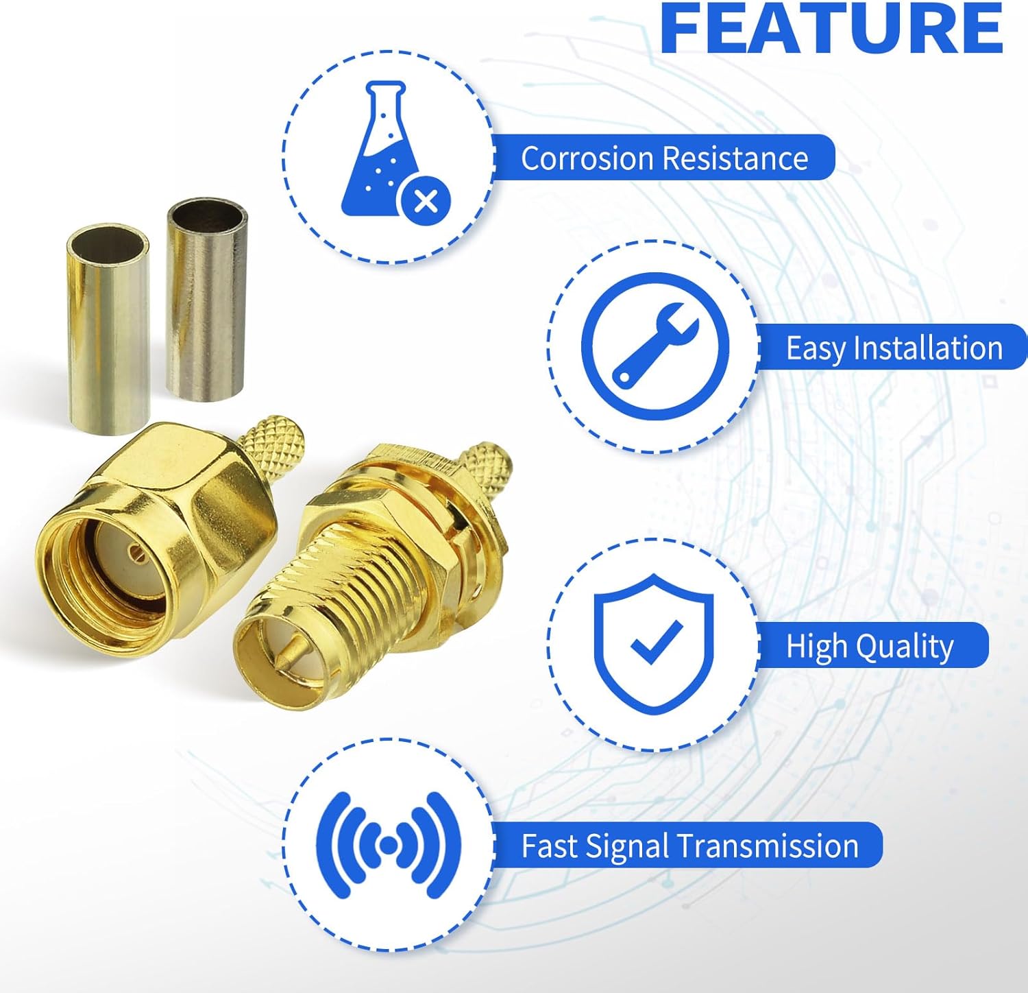 SUPERBAT RPSMA Crimp Connectors Kit RP-SMA Male + RP-SMA Female Crimp Solder Connectors Attachment for RG174 RG316 RG188 RG188A LMR100 Coax Cable 10-Pack