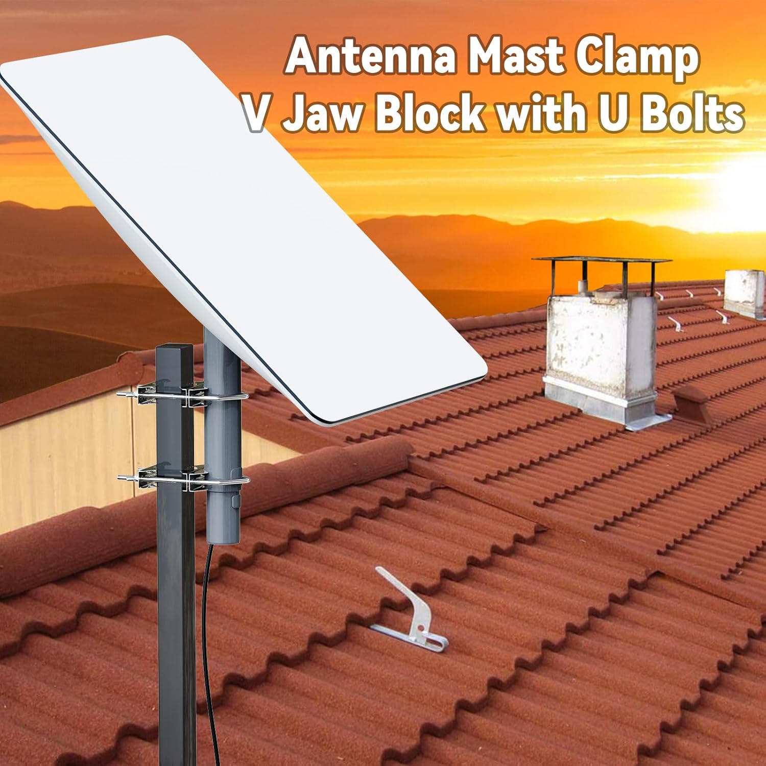 Superbat Antenna Mast Clamps U-Bolt Mounting Hardware Bracket & V Jaw Block (2Pcs) for TV CB Ham Outside Home Antenna Lora Double Pipe-Mounting etc.