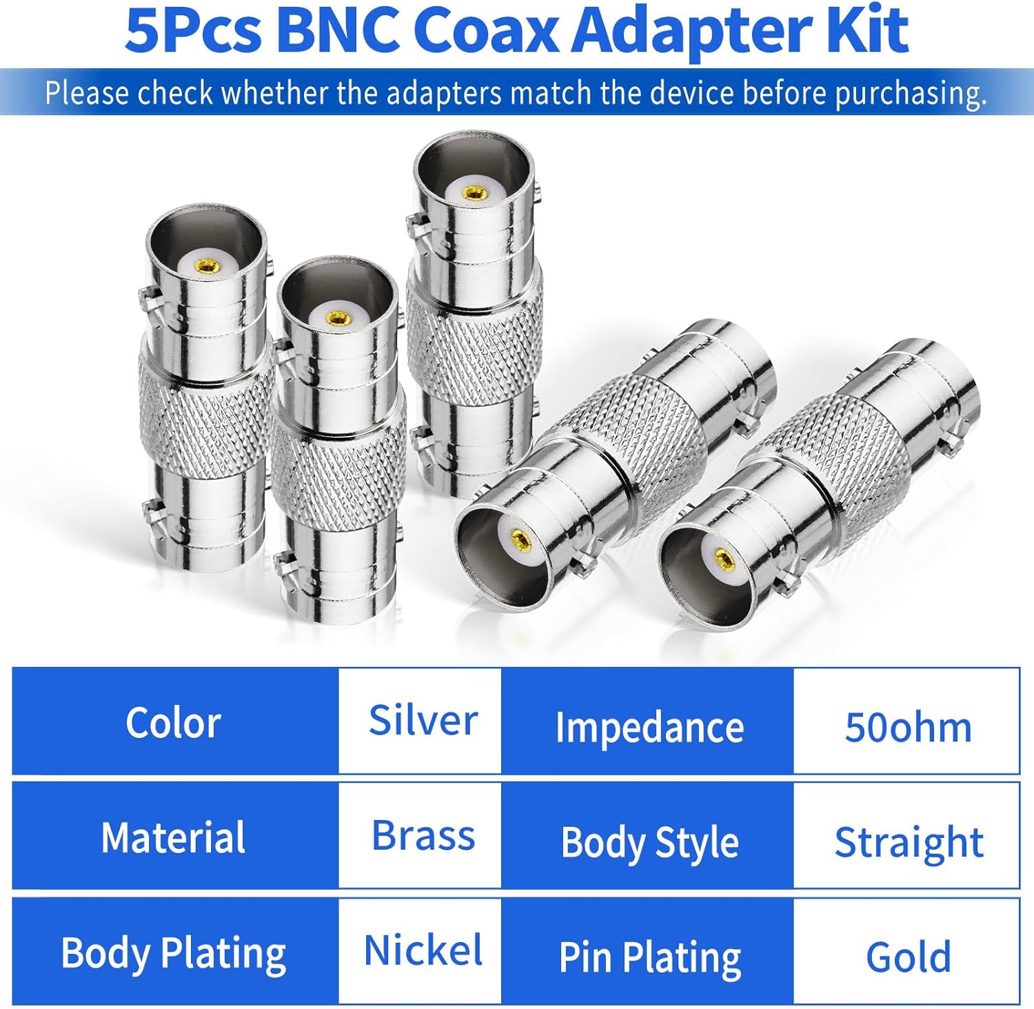 Superbat BNC Adapter - Female to Female Straight RF Coaxial Connector for HD CCTV DVR Surveillance System Video Camera Broadcast Applications 5pcs