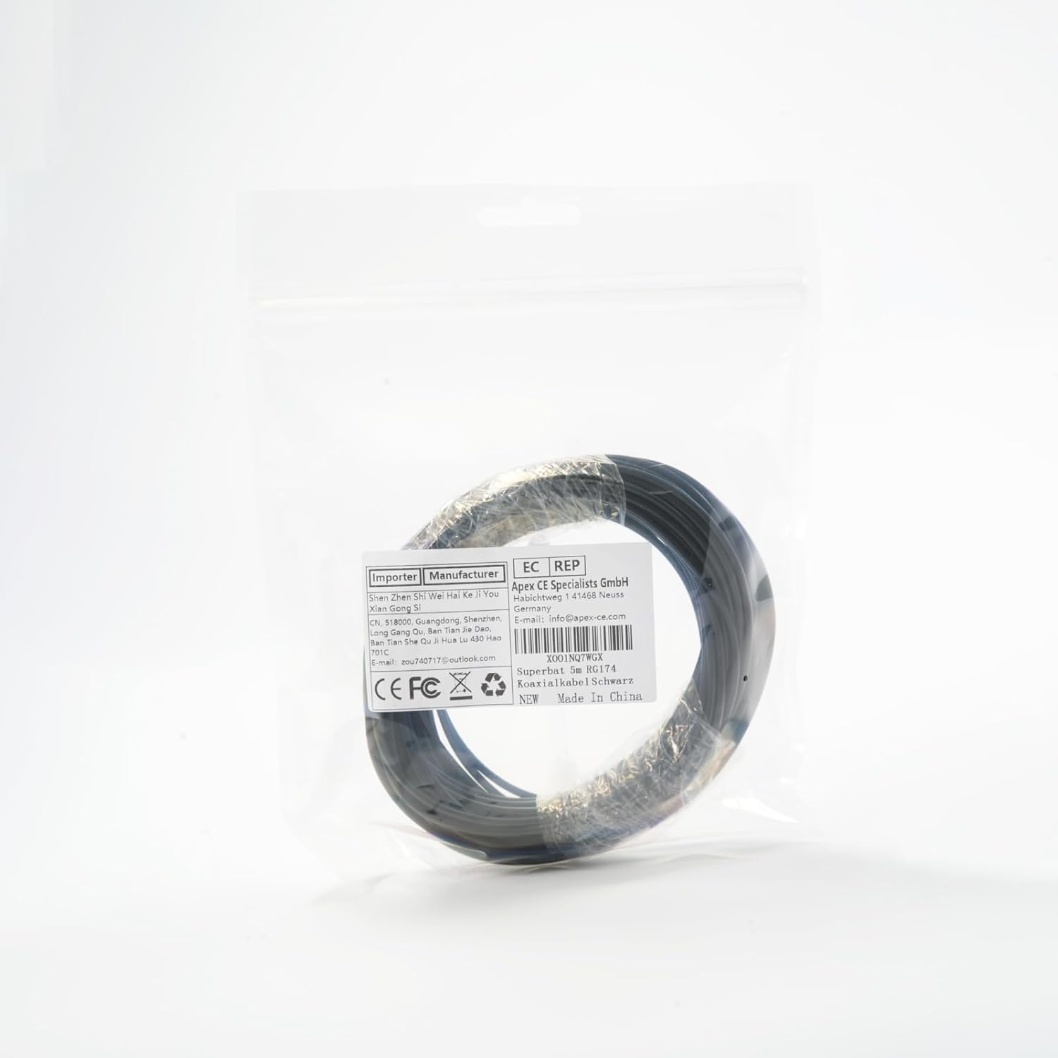 Superbat RF RG174 Coax Coaxial Cable Black 50 Ohm Mini Rg-174 Bare for Radio Cable Or DIY Antenna Wire 17ft