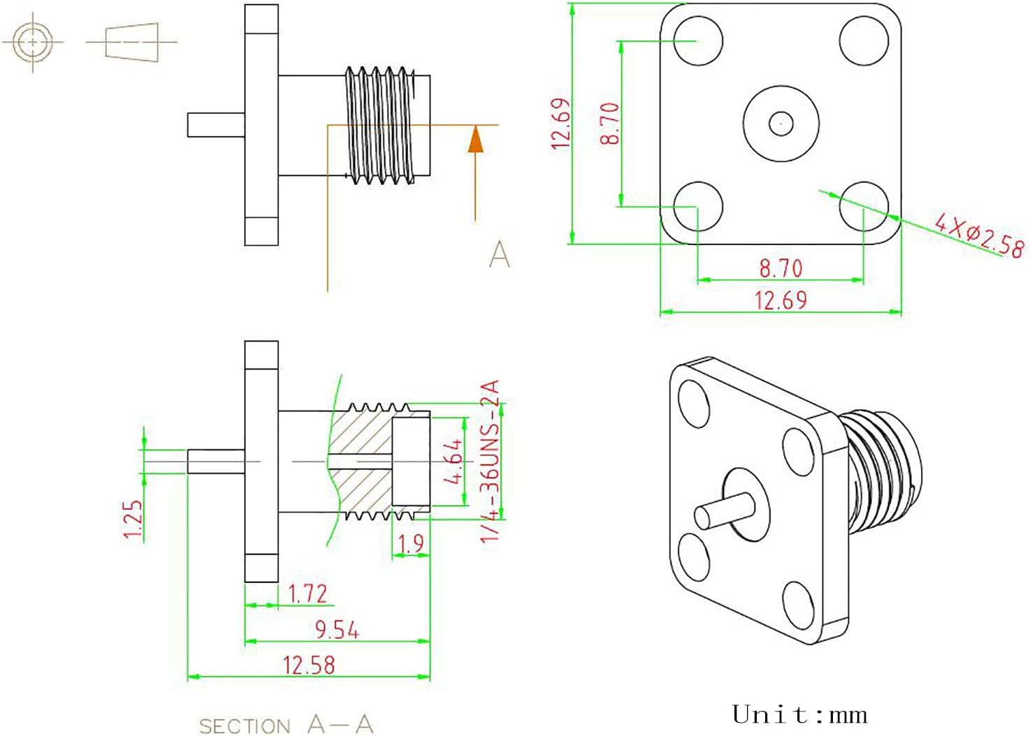 Superbat SMA Connectors SMA Female 4 Holes Panel Chassis Mount Flange Solder Cup Connector SMA Bulkhead Connector 5-Pack