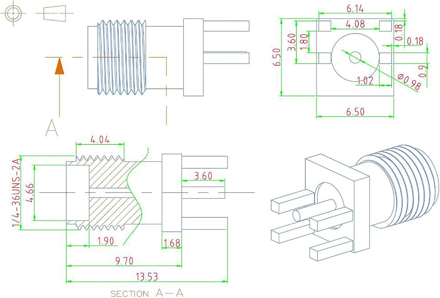 Superbat SMA Connectors RF Coaxial SMA Female Jack PCB Edge Mount Connector Solder Adapter Vertical Thru Hole 10pcs