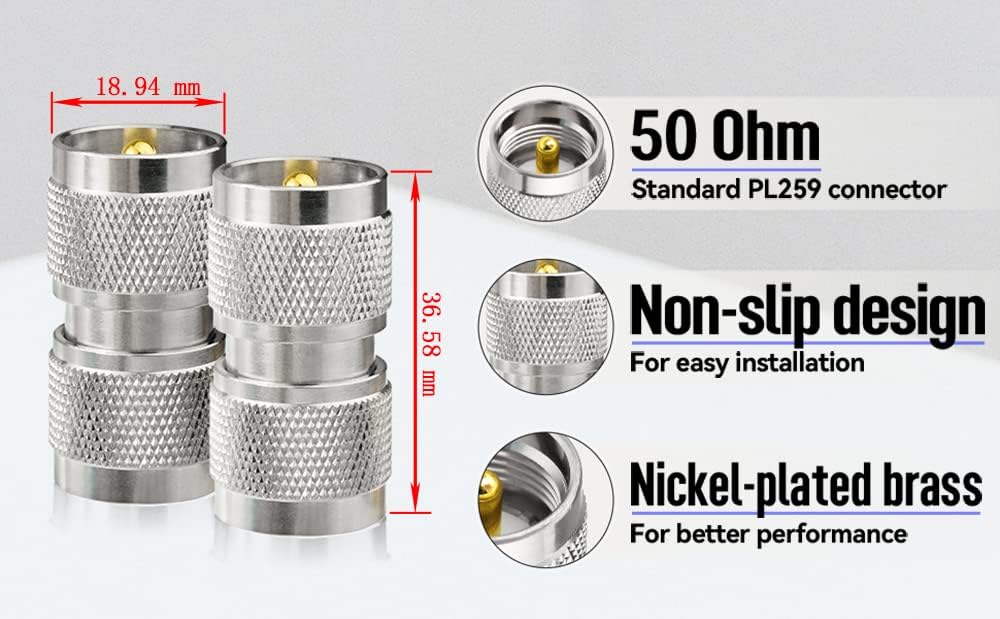 Superbat PL259 Coax Connectors 2-Pack UHF PL259 Male to Male Adapter PL259 Coupler for CB Ham Radio Antenna Dummy Load SWR Meter Cable