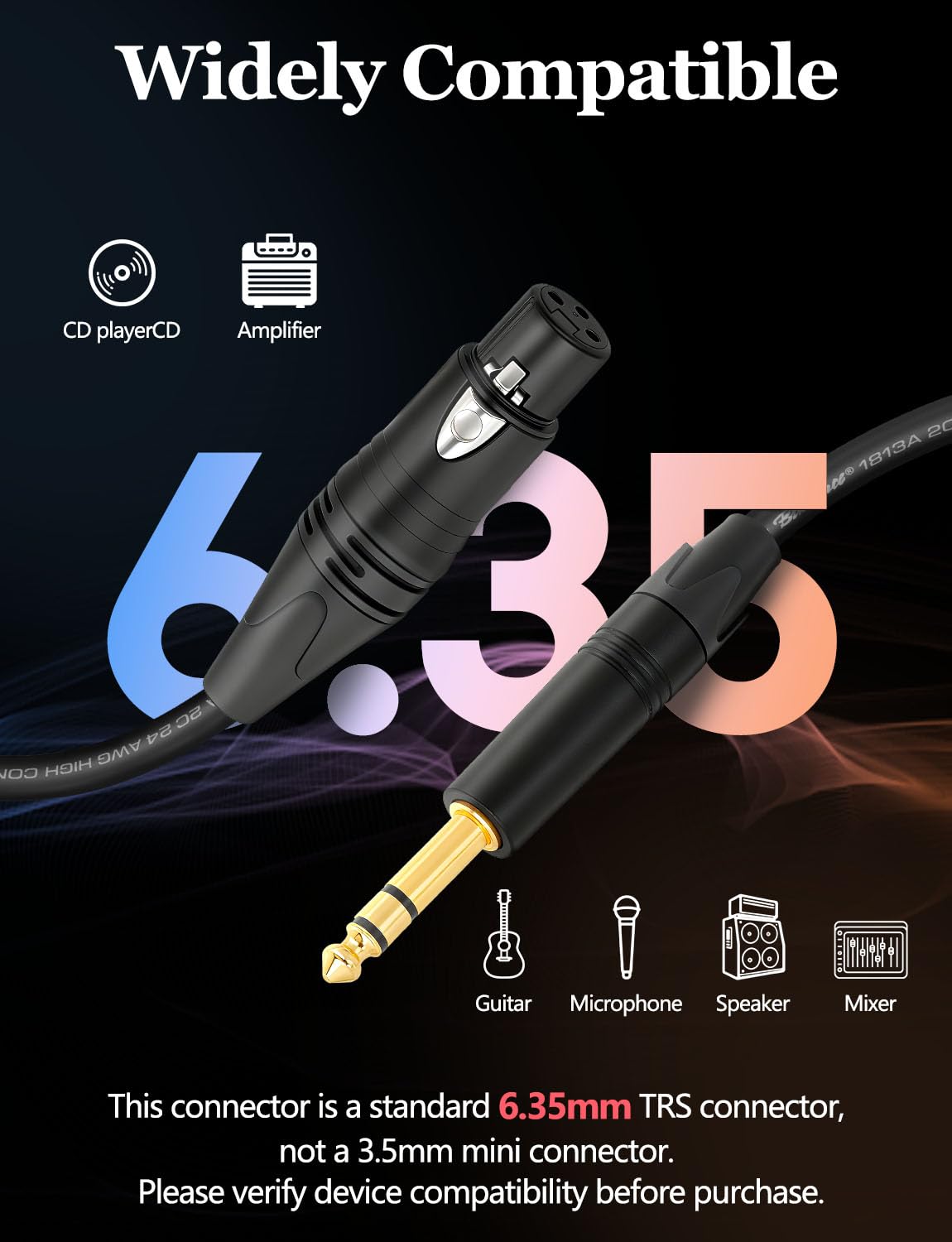 Superbat 6.35mm to XLR Female Stereo Audio Cable​ 2FT Belden 1813A Shielded Balanced TRS to XLR Cable for Bass Guitar, Microphone, Speaker,Noise-Free Pro Audio 2-Pack