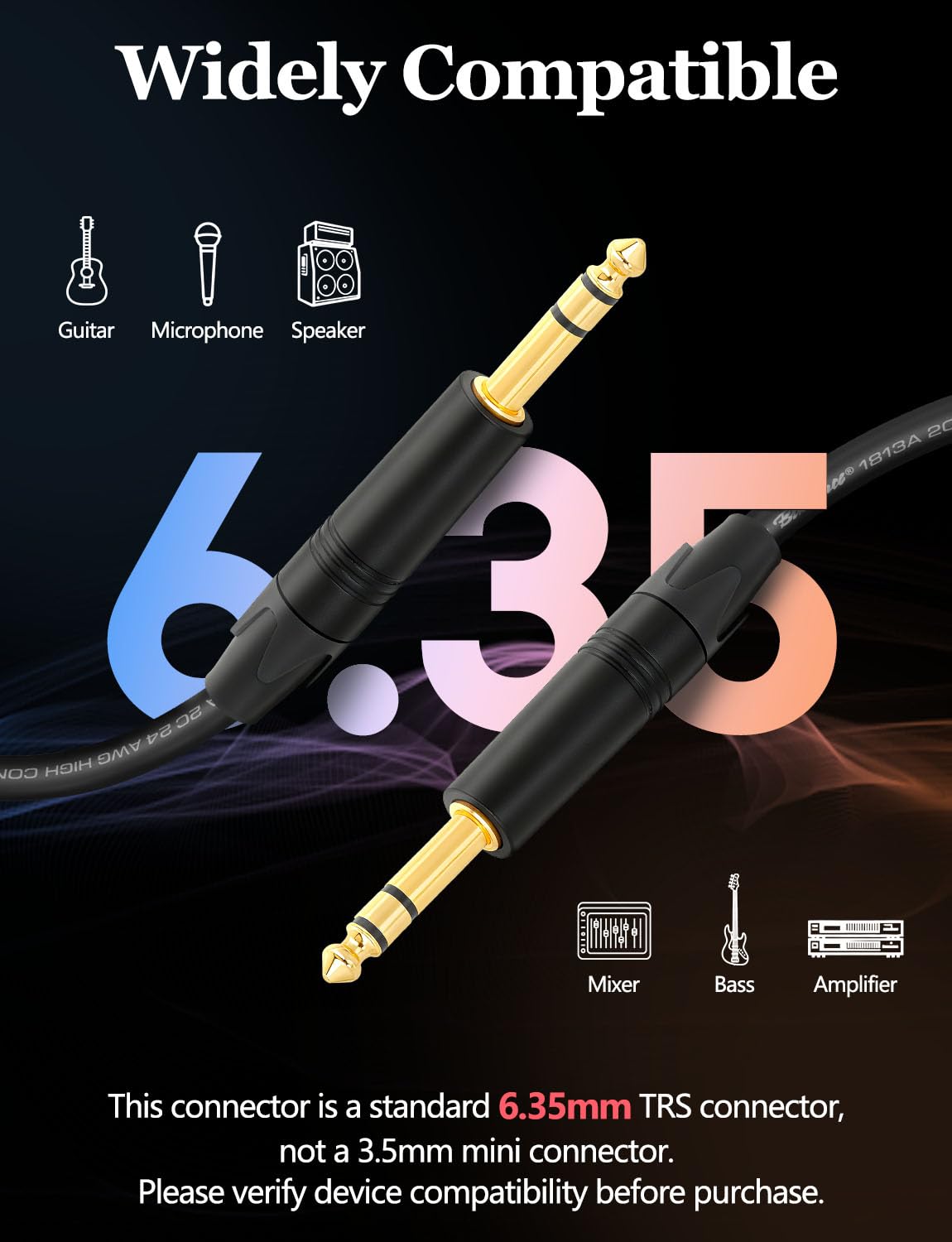 Superbat Premium 6.35mm TRS Balanced Stereo Audio Cable 3FT,24AWG Low Noise Dual Shielded with Gold Plated Connectors for Electric Guitar, Bass, Keyboard, Amp, Speaker 2-Pack