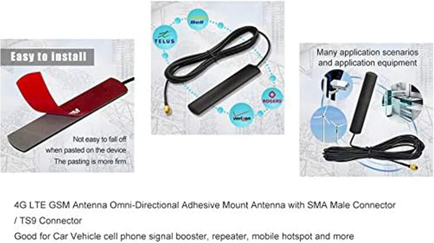 Wlaniot 4G LTE GSM Antenna Omni-Directional 700-2600MHZ Adhesive Mount Antenna with SMA Male Connector for Car Vehicle Hotspot Router Gateway Modem 10ft
