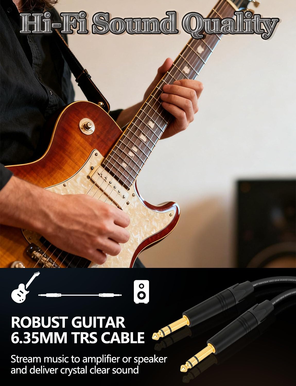 Superbat Premium 6.35mm TRS Balanced Stereo Audio Cable 2FT,24AWG Low Noise Dual Shielded with Gold Plated Connectors for Electric Guitar, Bass, Keyboard, Amp, Speaker 2-Pack