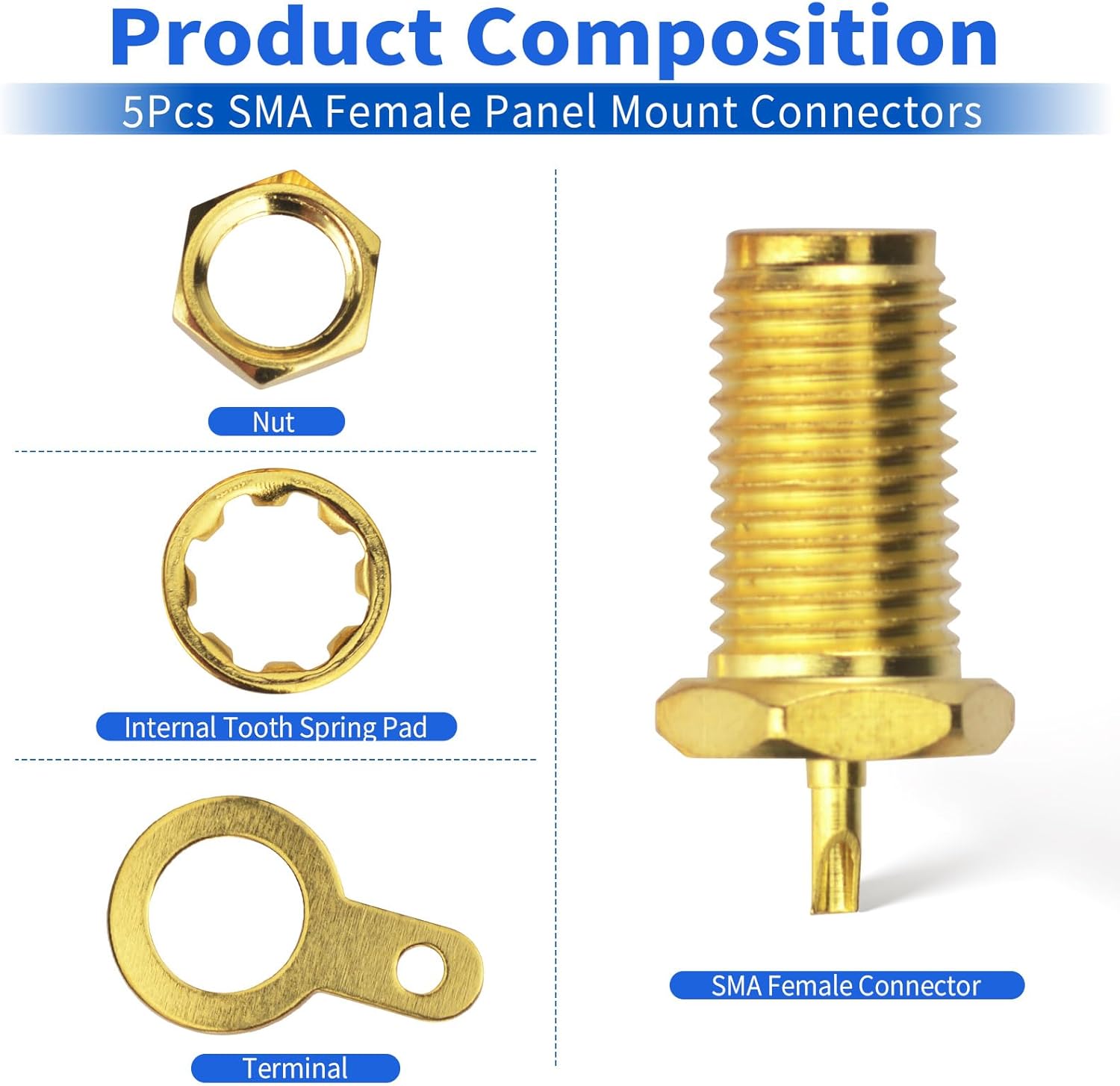 wlaniot SMA Female Connector SMA Coaxial Panel Mount Connector with Bulkhead Nut and Solder Cup Terminal 5pcs