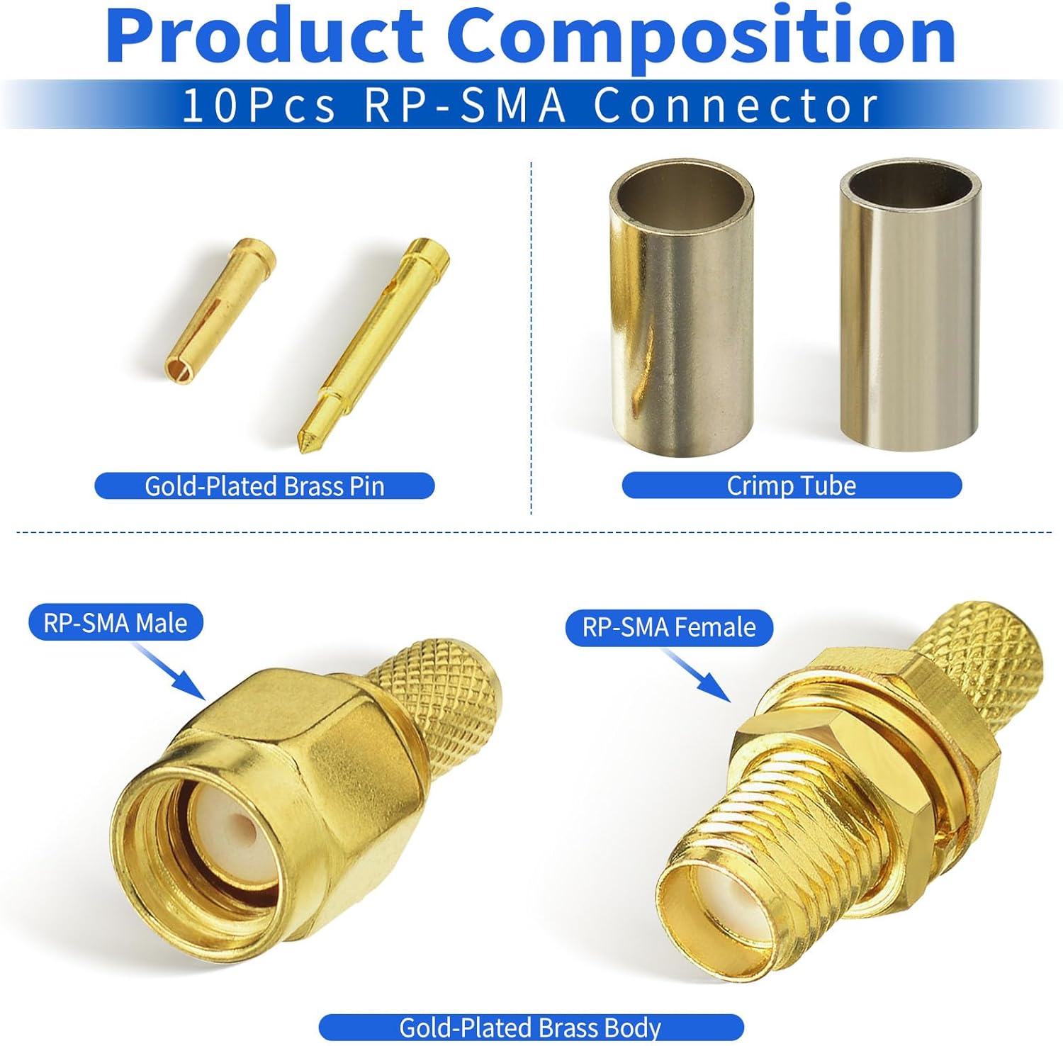 SUPERBAT RPSMA Crimp Connectors Kit RP-SMA Male + RP-SMA Female Crimp Solder Connectors Kit RG58 RG303 RG141 RG142 RG400 LMR195 Low Loss Coax Cable 10-Pack