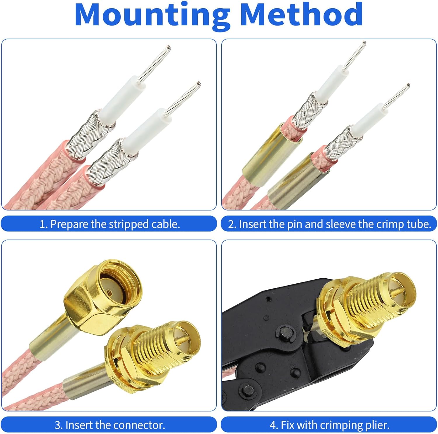 SUPERBAT RPSMA Crimp Connectors Kit RP-SMA Male + RP-SMA Female Crimp Solder Connectors Attachment for RG174 RG316 RG188 RG188A LMR100 Coax Cable 10-Pack