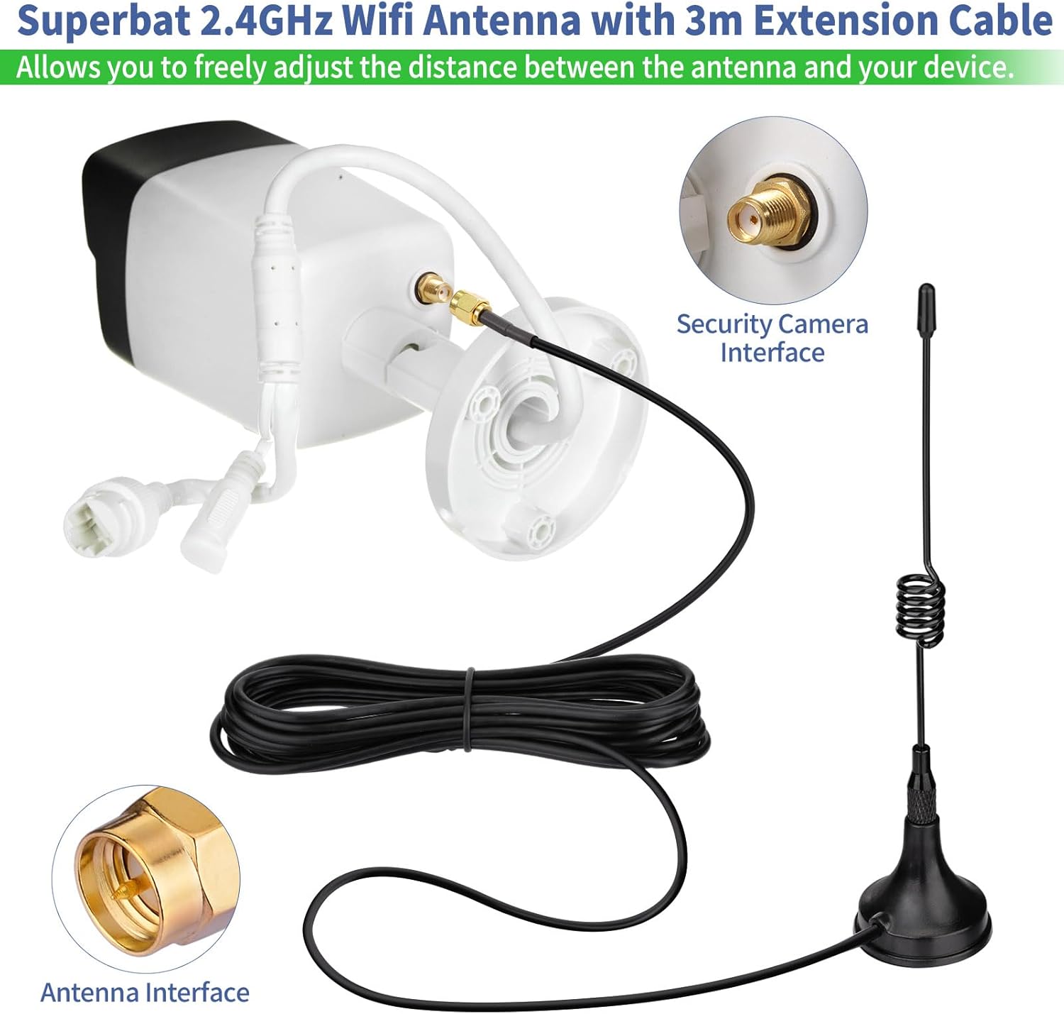 Superbat WiFi Antenna 2.4GHz Antenna Magnetic Base SMA Antenna with 10ft Extension Cable for Desktop PC Bluetooth Motherboard Wireless Network Card Router IP Security Camera Monitor etc. 2pcs