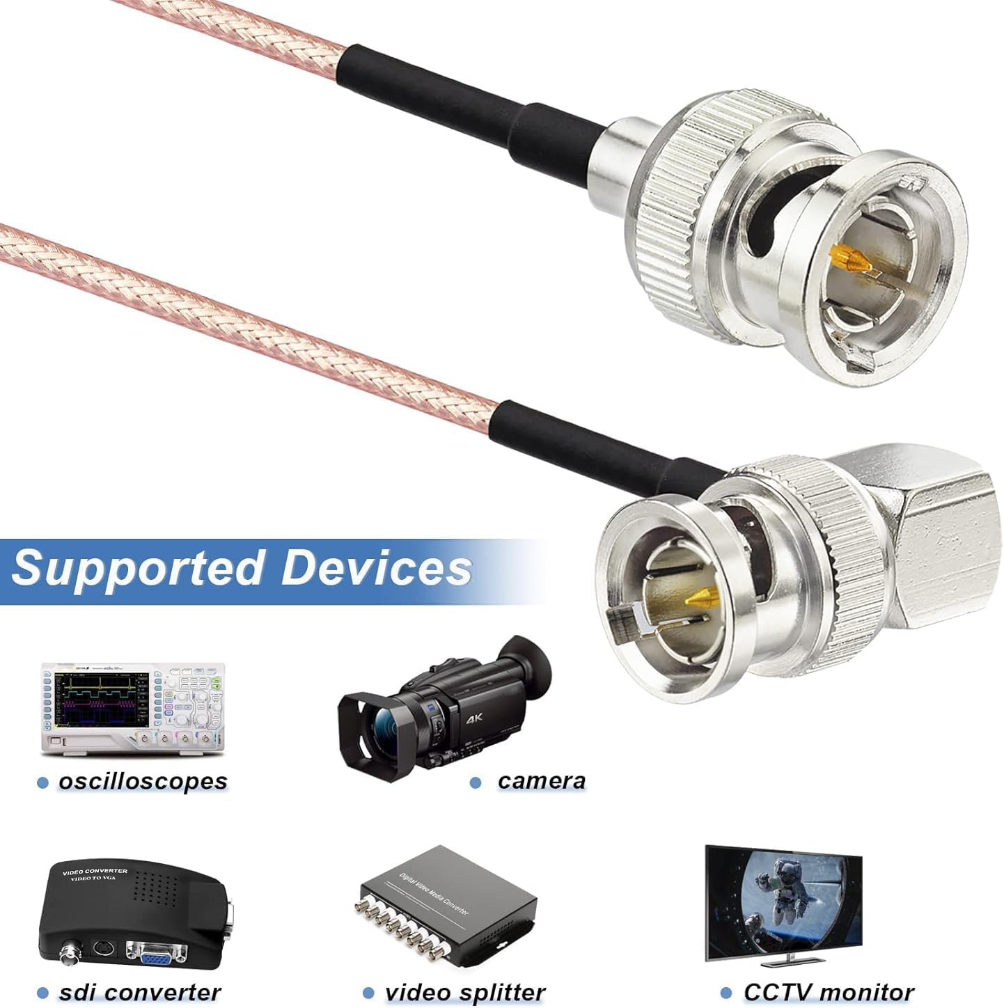 Superbat 3G/HD SDI Cable 6ft BNC Male to Male Jumper Cable 75 Ohm for Cameras and SDI Video，Supports HD-SDI/3G-SDI/4K DVR Recorder Monitor Converter etc.(Straight to Right Angle,1Pcs)