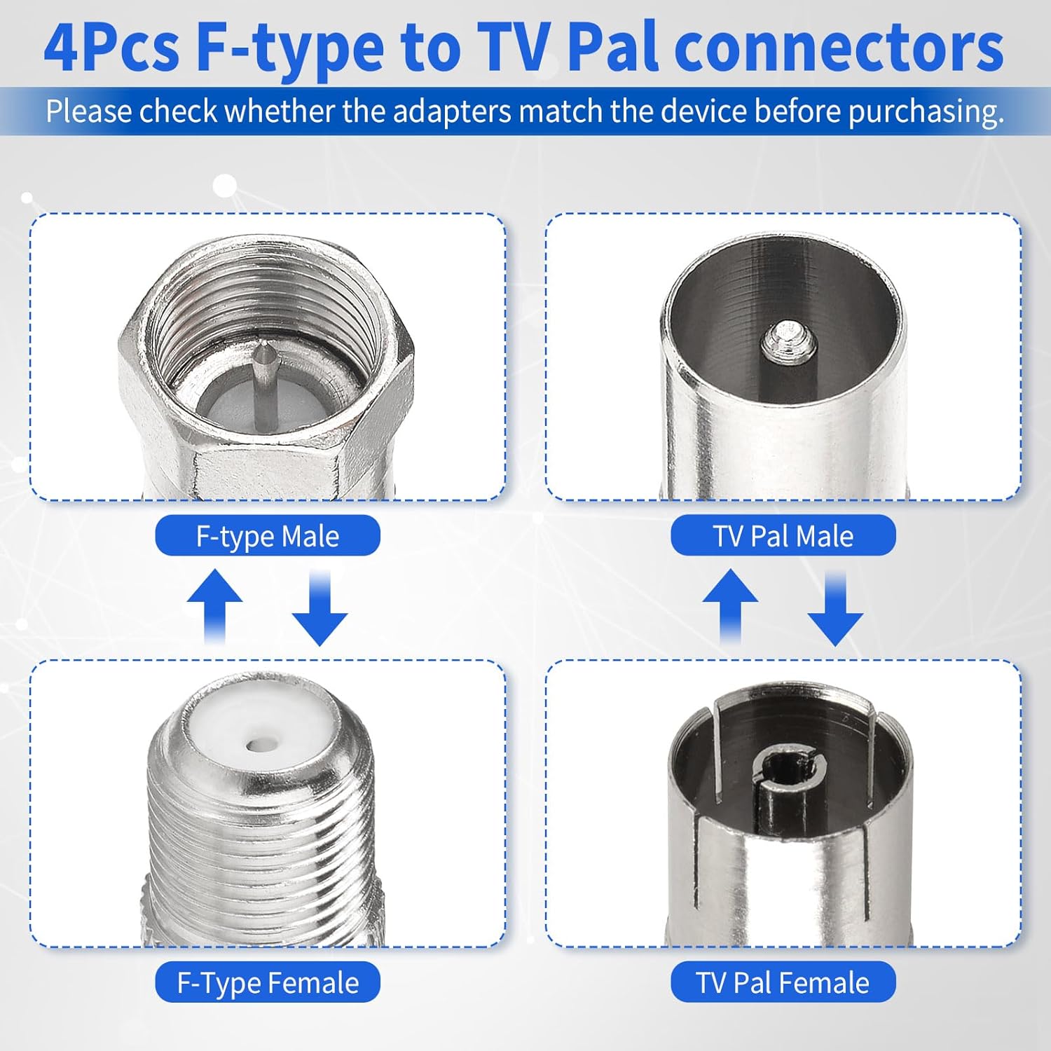 Superbat F Female/Male to TV Pal Male/Female RF Coaxial Adapter Connectors Kit 4 Pcs